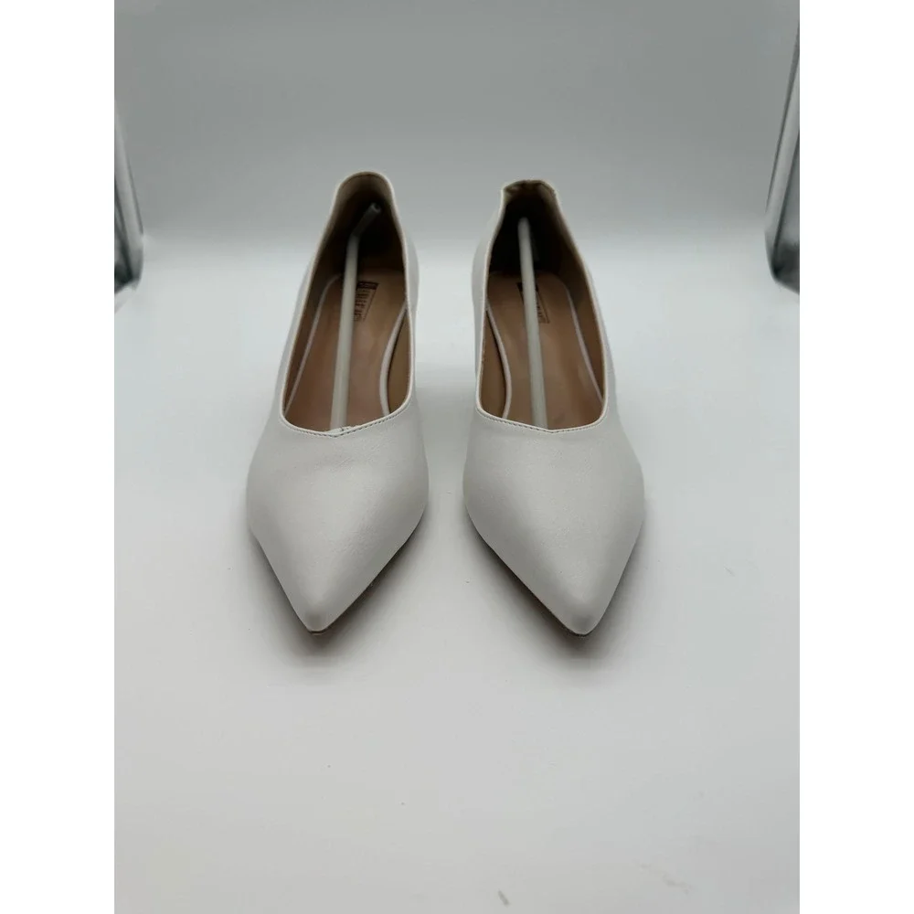 White Pointed Toe Kitten Heel Pumps Flared Stiletto Dress Shoes Womens 8.5